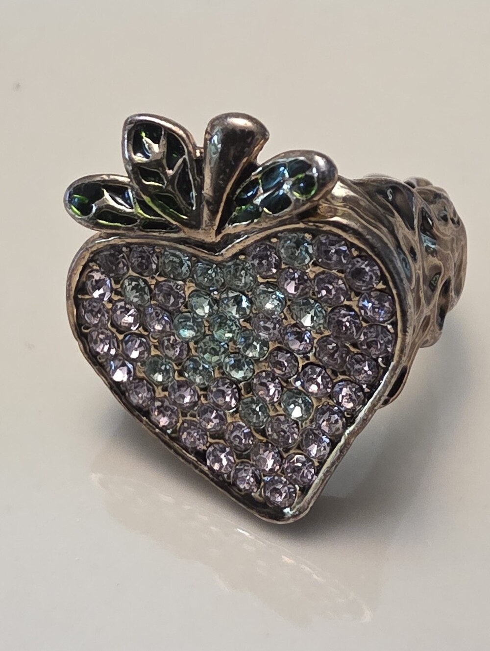 Vintage Metal Colored Strawberry Heart Shaped Ring in Light Pink and Green